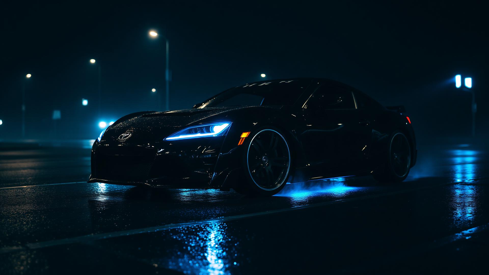 Performance car at night with electric blue underglow